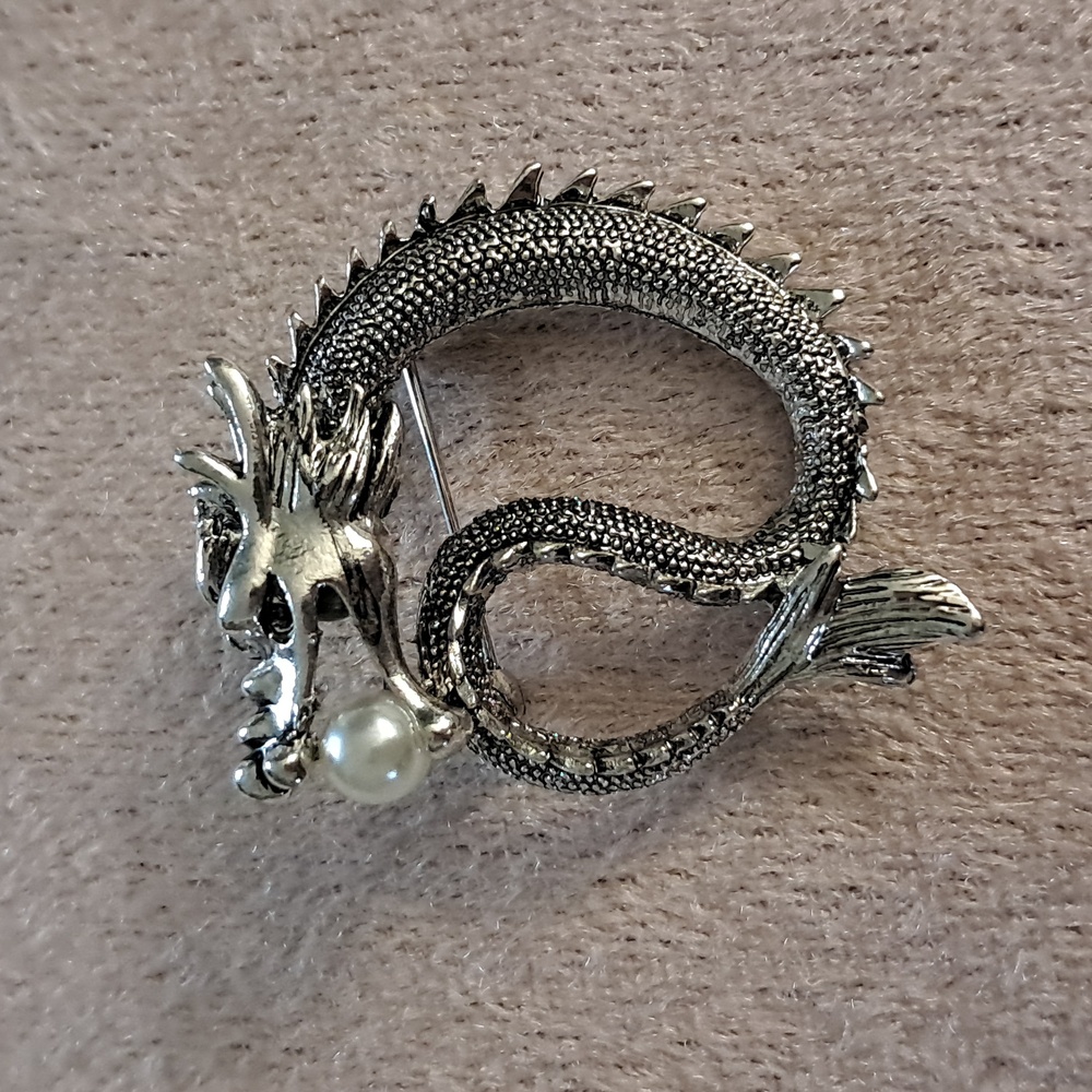 Fantasy Dragon Sea Serpent Silvertone faux pearl pin brooch Celtic Goth Punk